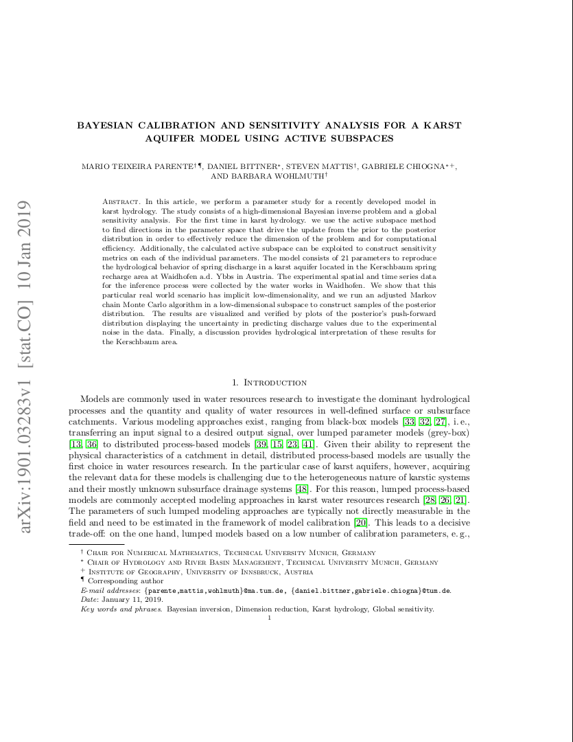 Preprint: Bayesian calibration and sensitivity analysis for a karst aquifer model using active subspaces